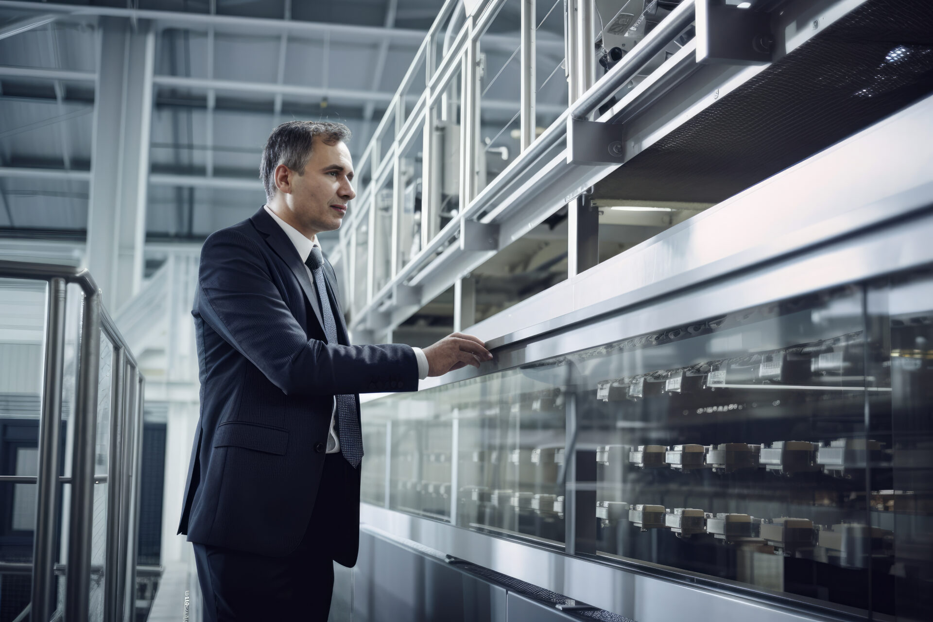Businessman in a suit leaning on a railing, observing the automa