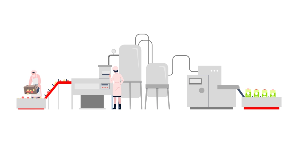 linia produkcji soków, grafika rysunkowa