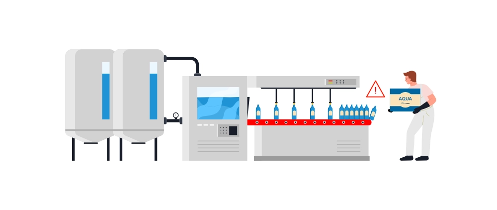 linia produkcji wody, wąskie gardło, grafika rysunkowa